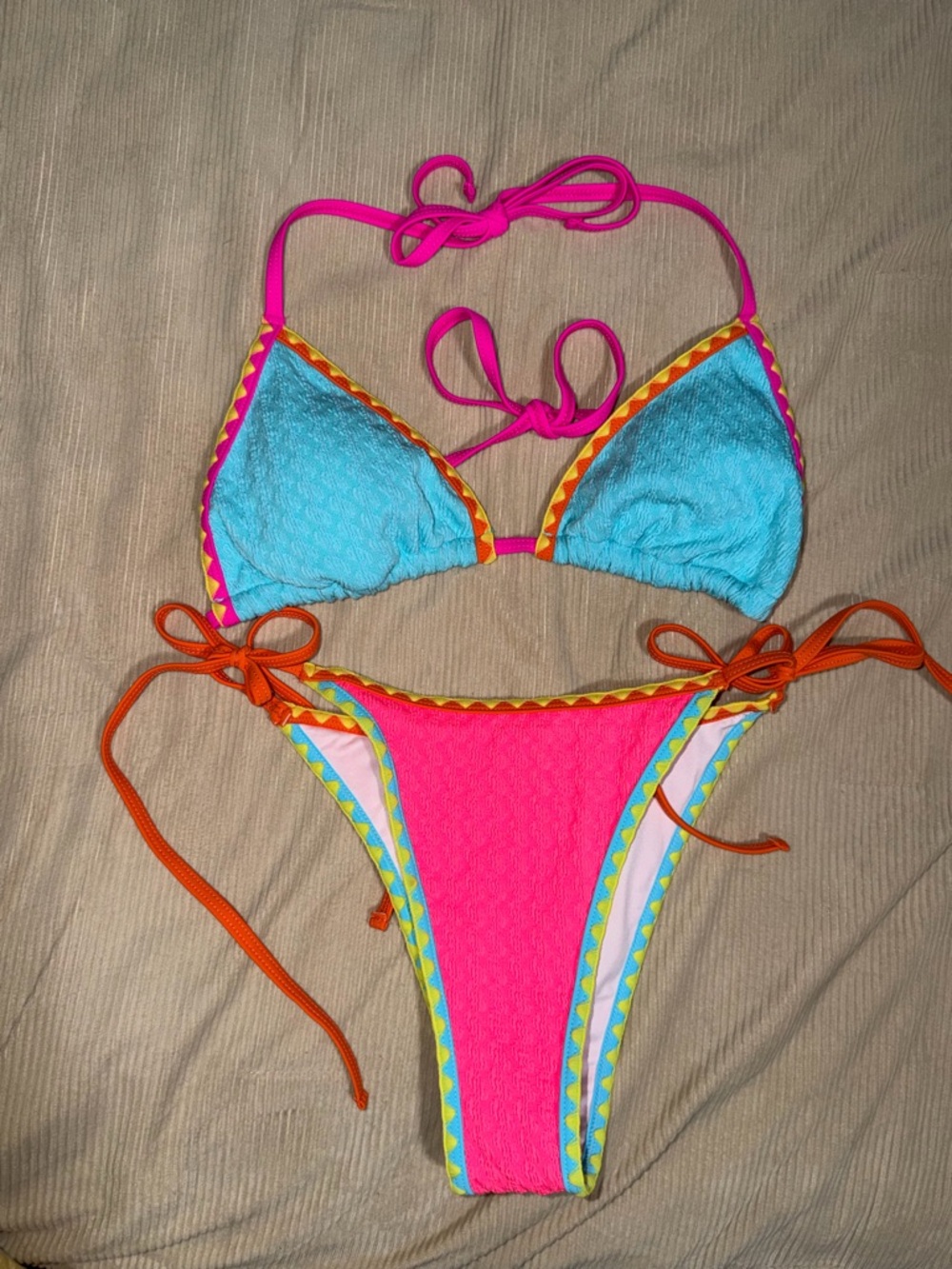 Neon Pink & Aqua Triangle String Bikini